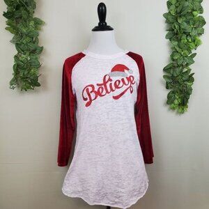 Red Velvety Glitter Believe Christmas Top Holiday Festive Small Santa Blouse